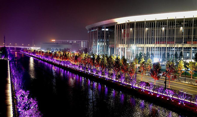 Night view near venue of 2nd CIIE in Shanghai